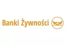 Napis Banki Żywności. Po prawej stronie napisu dwa ptaki jedzące z miski 