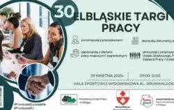 Z lewej strony grupa osób siedząca przy stole. Z prawej strony napis 30 Elbląskie Targi Pracy z podaniem miejsca i czasu trwana wydarzenia