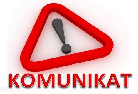 Czerwony trójkąt z wykrzykniniem w śroku i naapisem KOMUNIKAT