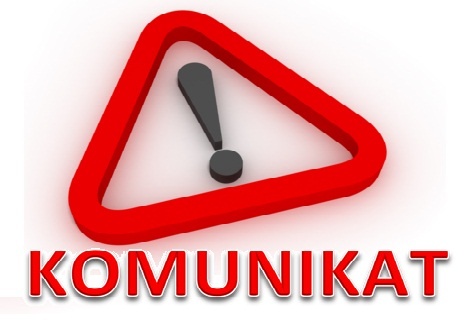 trójkąt z wykrzyknikiem w środku i napisem KOMUNIKAT