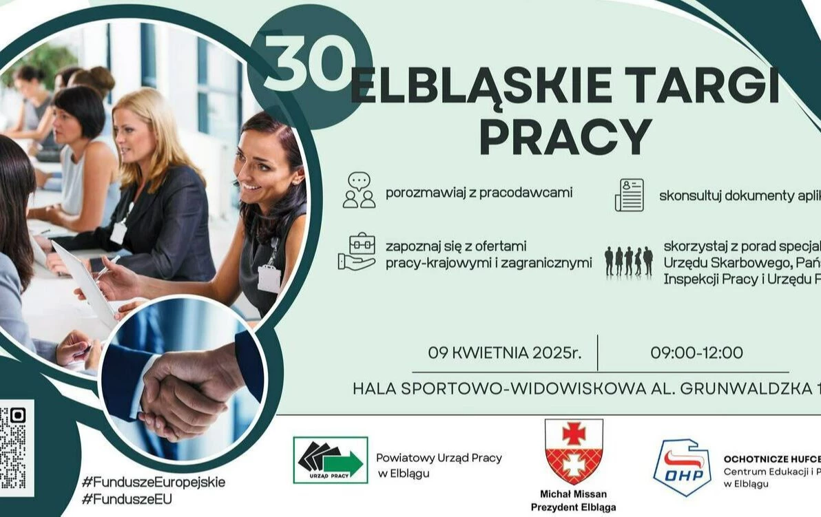 Z lewej strony grupa osób siedząca przy stole. Z prawej strony napis 30 Elbląskie Targi Pracy z podaniem miejsca i czasu trwana wydarzenia