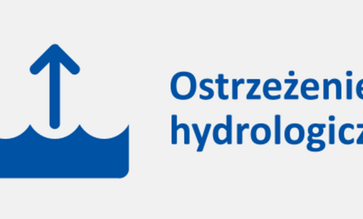 Napis ostrzeżenie hydrologiczne i strzałka oznaczająca wzrost poziomu wód