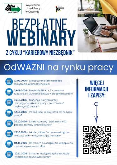 Napis bezpłatne webinary Odważni na rynku pracy